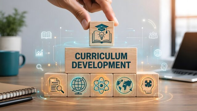 Wooden blocks spelling curriculum development with subject icons