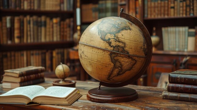 A vintage globe and open books on a library desk